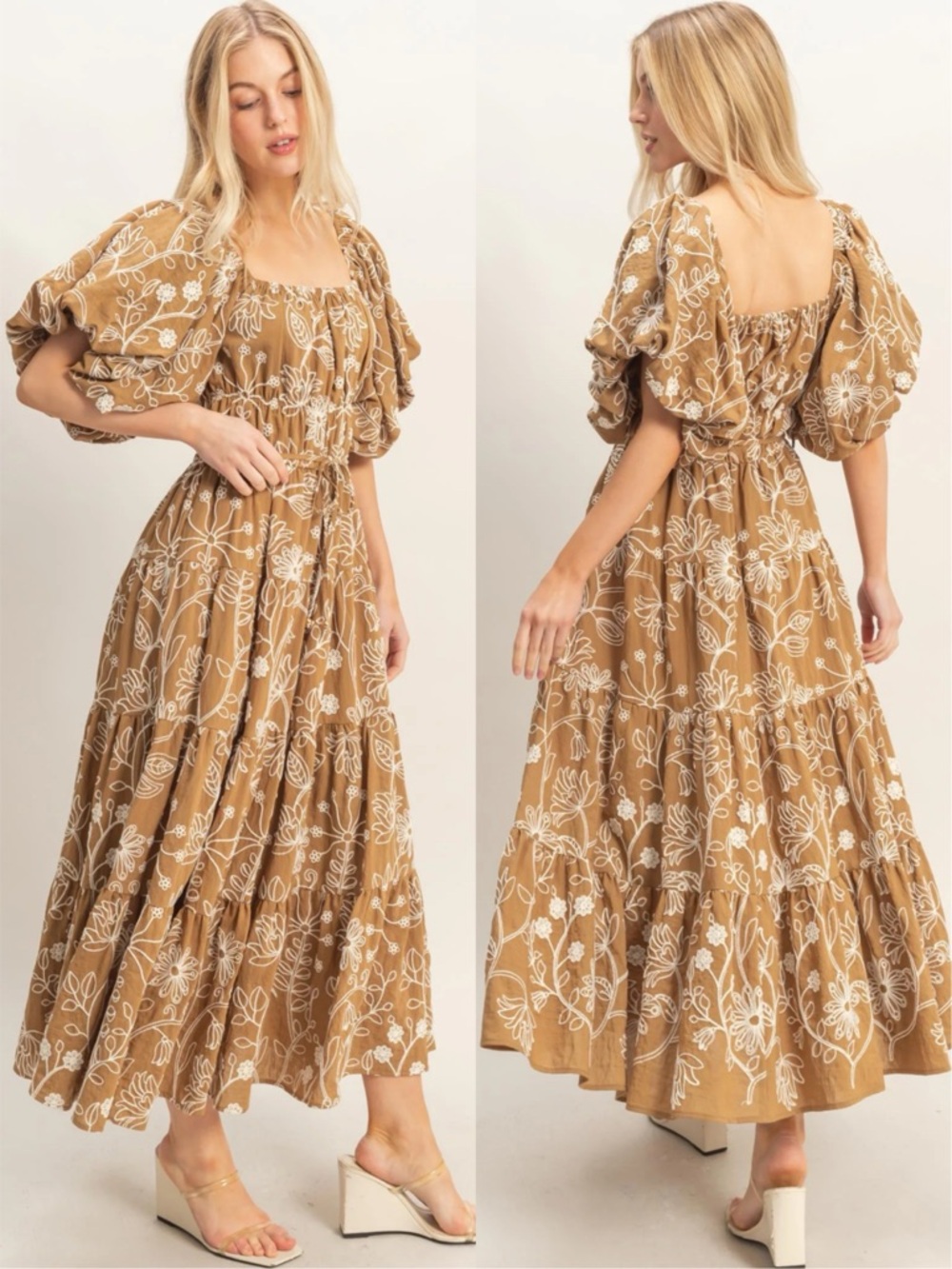 NEW HYFVE Brown Floral Puff Sleeve Maxi Dress Size Small Smocked Waist Tiered